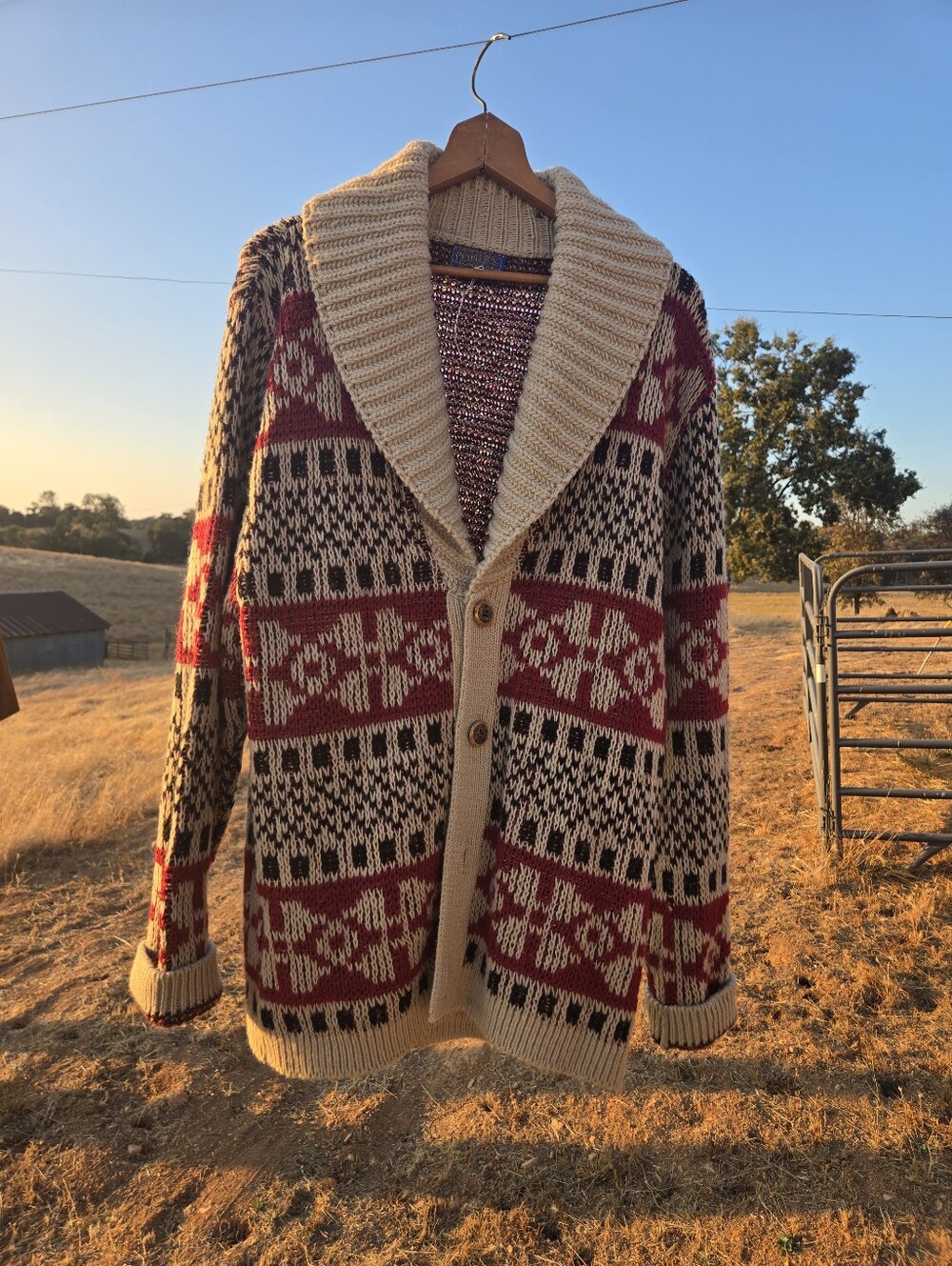 Pendleton Maroon and Cream Fair Isle Shawl Collar Vintage Wool Sweater Large